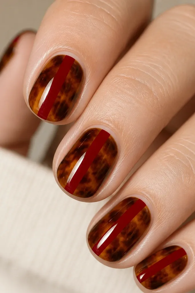 Close-up of short oval nails. Each nail has a honey amber tortoiseshell pattern with chocolate shadowing. A single glossy cherry-red stripe runs straight down the center of every nail from near the cuticle to the tip, with clean edges.
