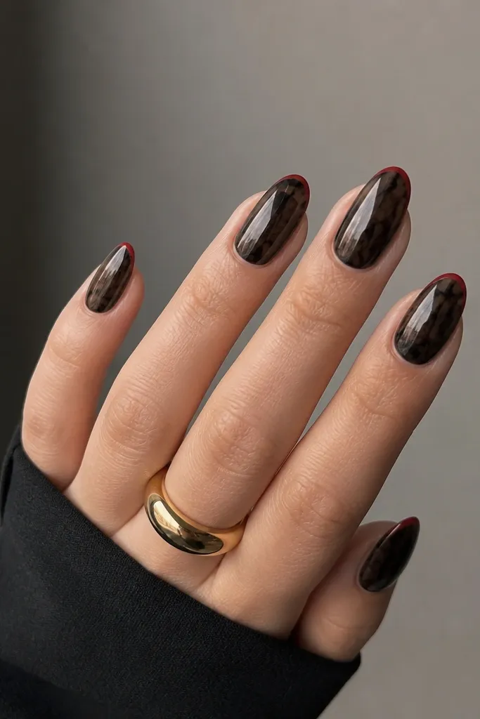 Medium almond nails with dark tortoiseshell. The base shows smoky black-brown crack lines across each nail. At the tip, there is a super thin red French line - not a full tip, just a narrow curve - with a glossy finish.