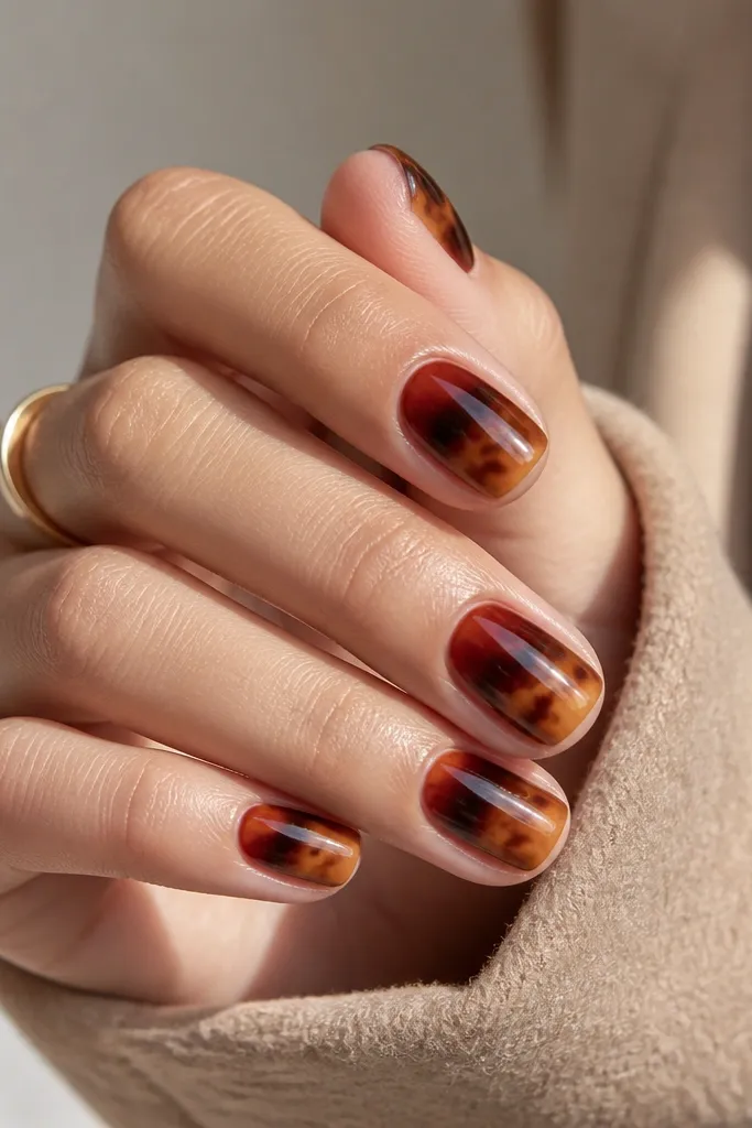 Short squoval nails. The tortoiseshell fades from a darker chocolate at the cuticle to lighter honey at the tip. A brick-red glow sits right under the cuticle line like a soft halo, blended with a sponge.