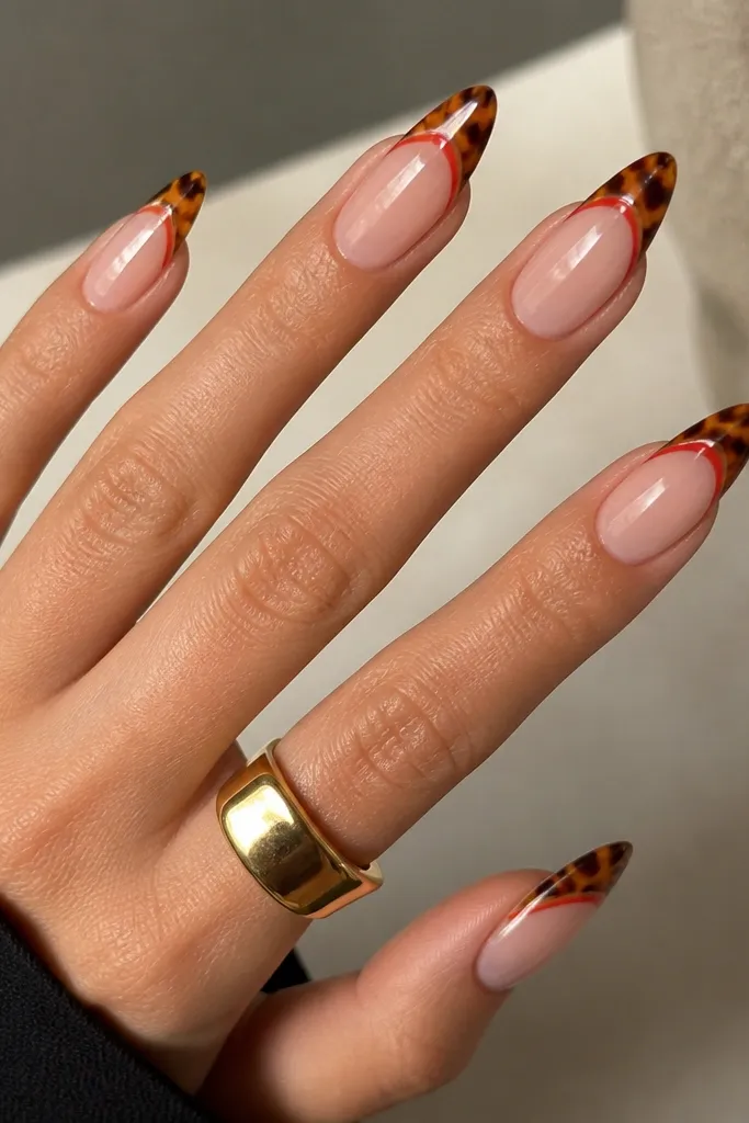 Long almond nails. The tips have a tortoiseshell pattern concentrated at the outer edge. Under the tortoise tip, there's a thin red outline line that follows the French curve, like a red border beneath translucent tortoise.