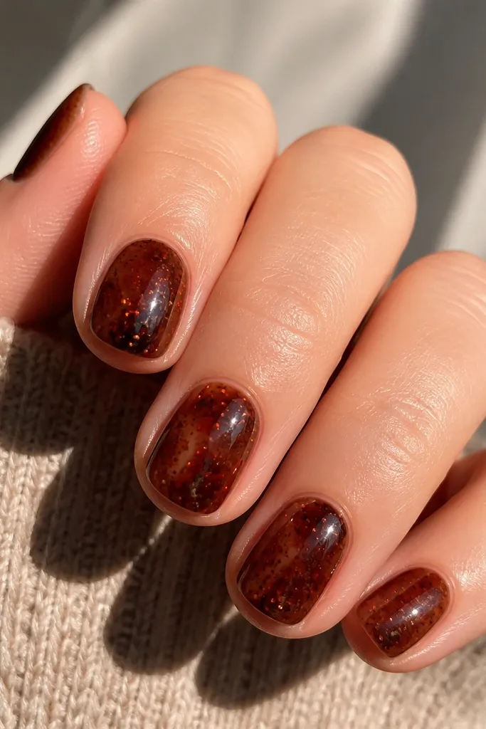 Short round nails with glossy honey tortoiseshell. Tiny red specks and micro dots are scattered across each nail like confetti, with more dots near the center and fewer near the edges.