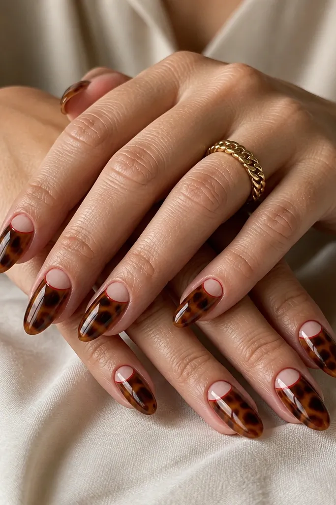 Medium almond nails. The cuticle area has a clean half-moon negative space. A thin red outline traces the half-moon. The rest of the nail is filled with tortoiseshell in amber and chocolate with dark horn lines.
