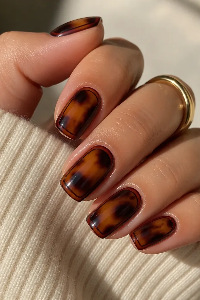 Medium squoval nails. The center has a warm tortoiseshell pattern. On each sidewall, there are thin red lines running from cuticle to near the tip, like reverse French framing, with glossy finish.
