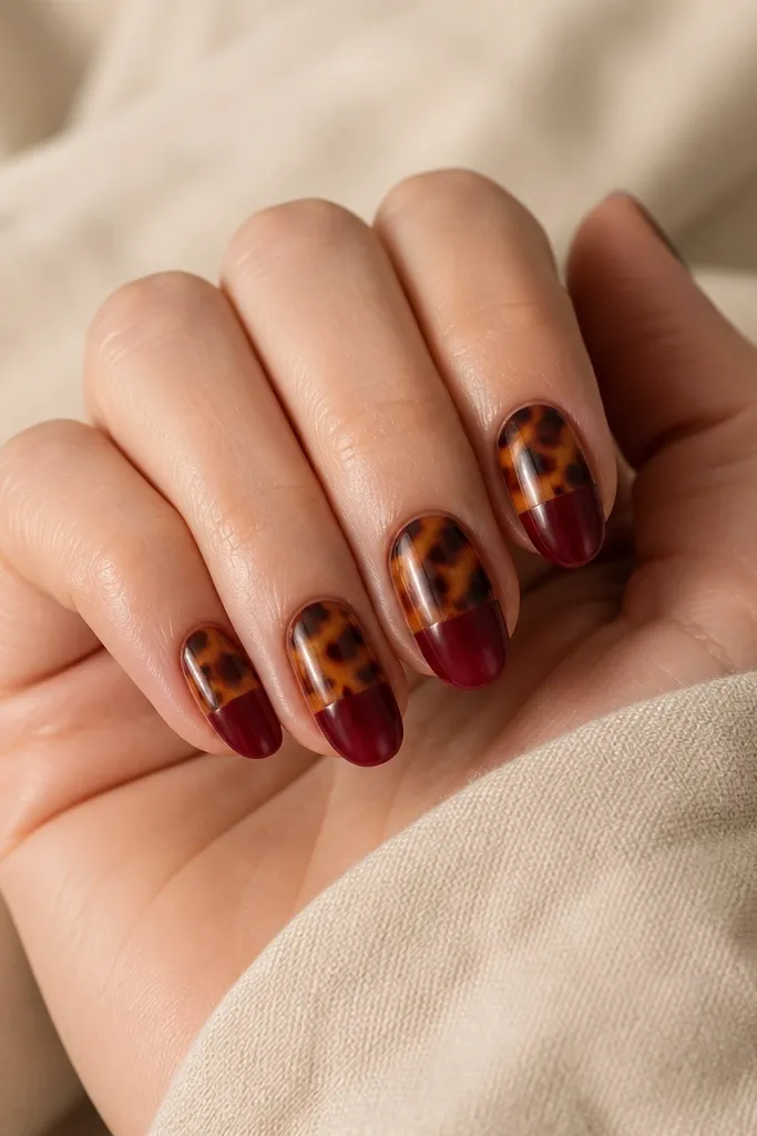 Short almond nails. The upper half of each nail shows tortoiseshell in amber and chocolate with dark cracks. The bottom half near the tip is covered by a deep red solid cap, with a clean horizontal split line.