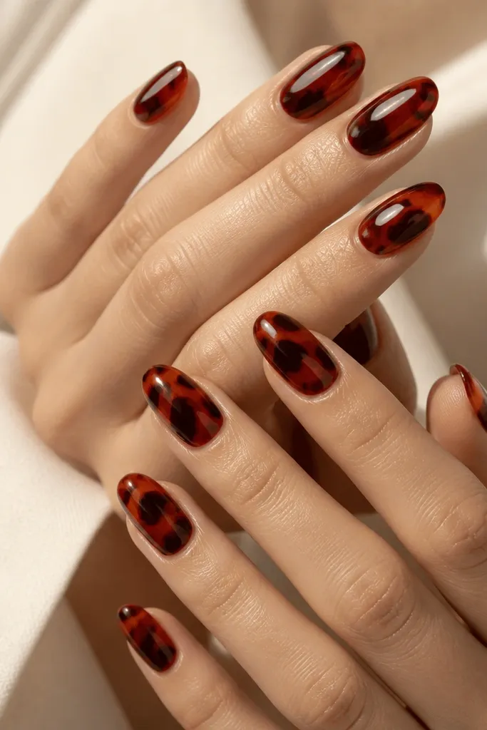 10 Tortoise Shell Nails with Red
