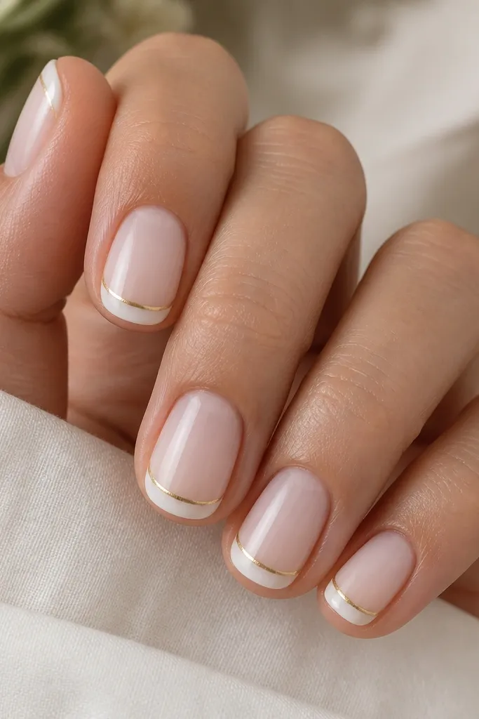 A set of short, rounded nails painted in sheer milky white. The tips are classic French, and along the very edge of each French line there is a thin strip of champagne gold foil. The nails have a mirror-gloss topcoat and the gold sits only at the tip border.