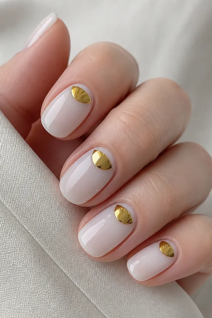 Nails are coated in sheer white with a glossy finish. At the cuticle area, a crisp half-moon shape is painted in bright gold chrome, leaving a thin white border around the cuticle. The gold reflects light like a mirror, and the rest of the nail stays clean and minimal.