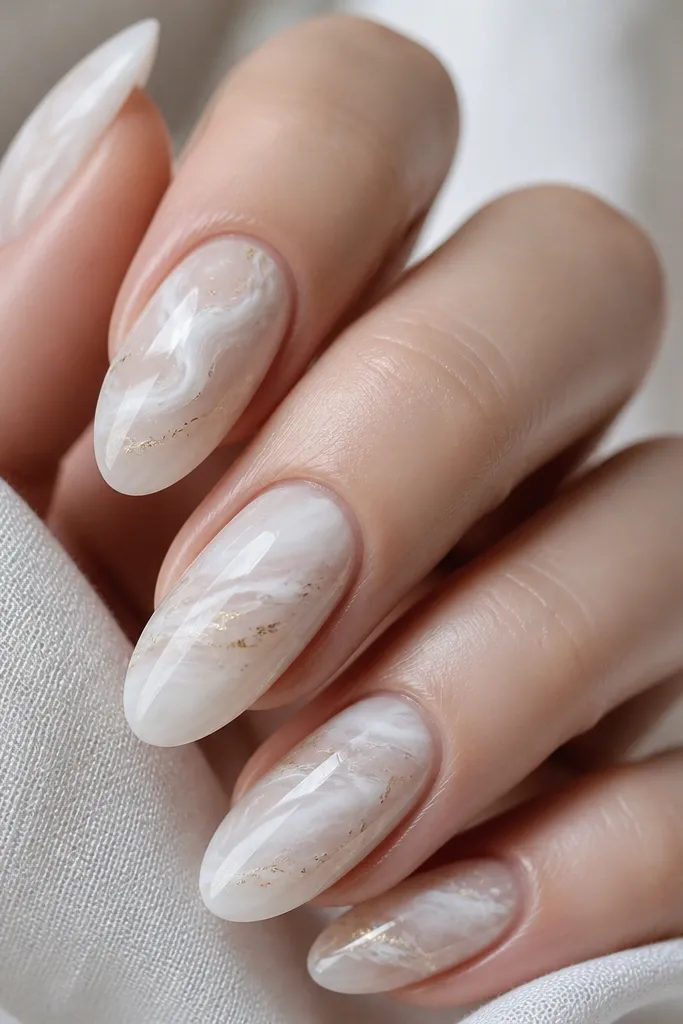 A marble pattern spans each nail in milky white and soft grayish-white swirls. Veins are thin and slightly translucent. Tiny micro gold flakes are scattered along a few veins near the center and near the tip, with a glossy finish.