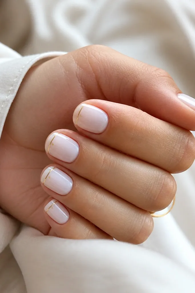 Short rounded nails in milky white. The tips have a thin gold line running horizontally across the French zone, and on the outer side of each tip there are one or two tiny gold dots. The rest of the nail is clean, glossy, and bright.