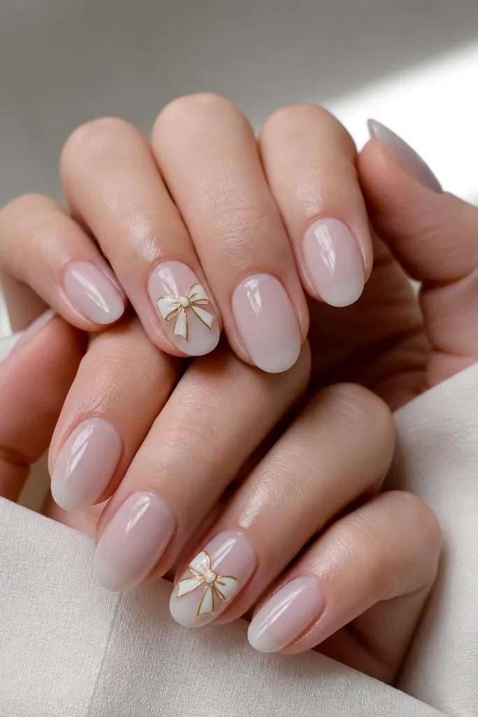 Most nails are sheer white with a glossy finish. One accent nail per hand has a 3D white bow centered near the middle of the nail, outlined with thin gold gel lines. The bow has two loops and a small knot in the center, with a clean, shiny topcoat.