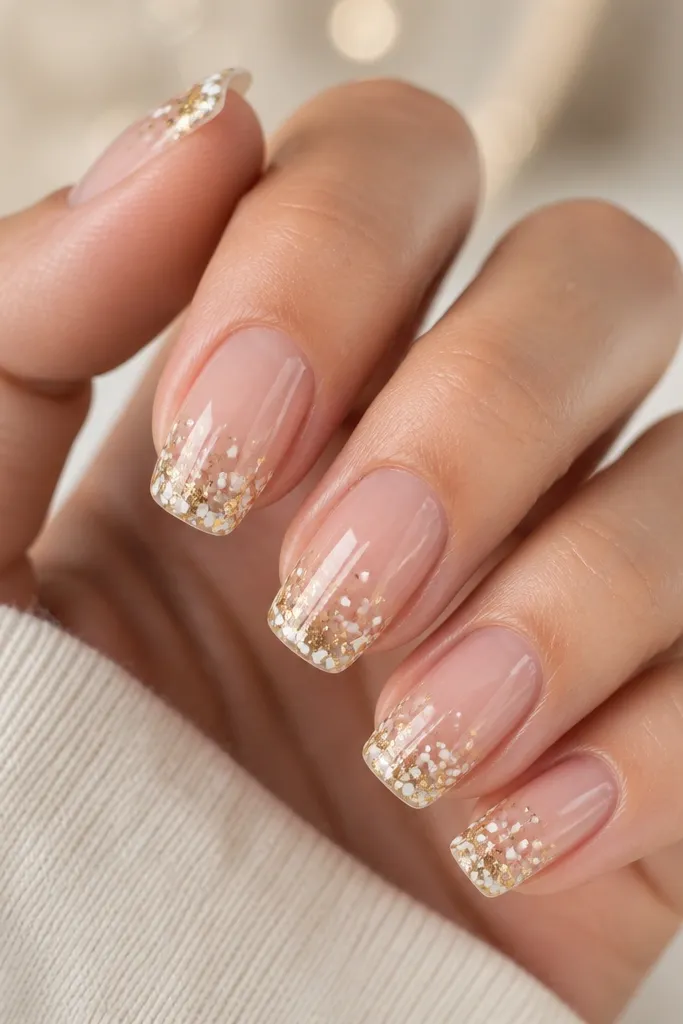 Nails have a clear or very sheer base. The bottom half is glossy and see-through. The tips are covered in tiny white confetti pieces mixed with small gold foil shards, concentrated at the very end like an ombre tip. The overall look is bright and party-like.