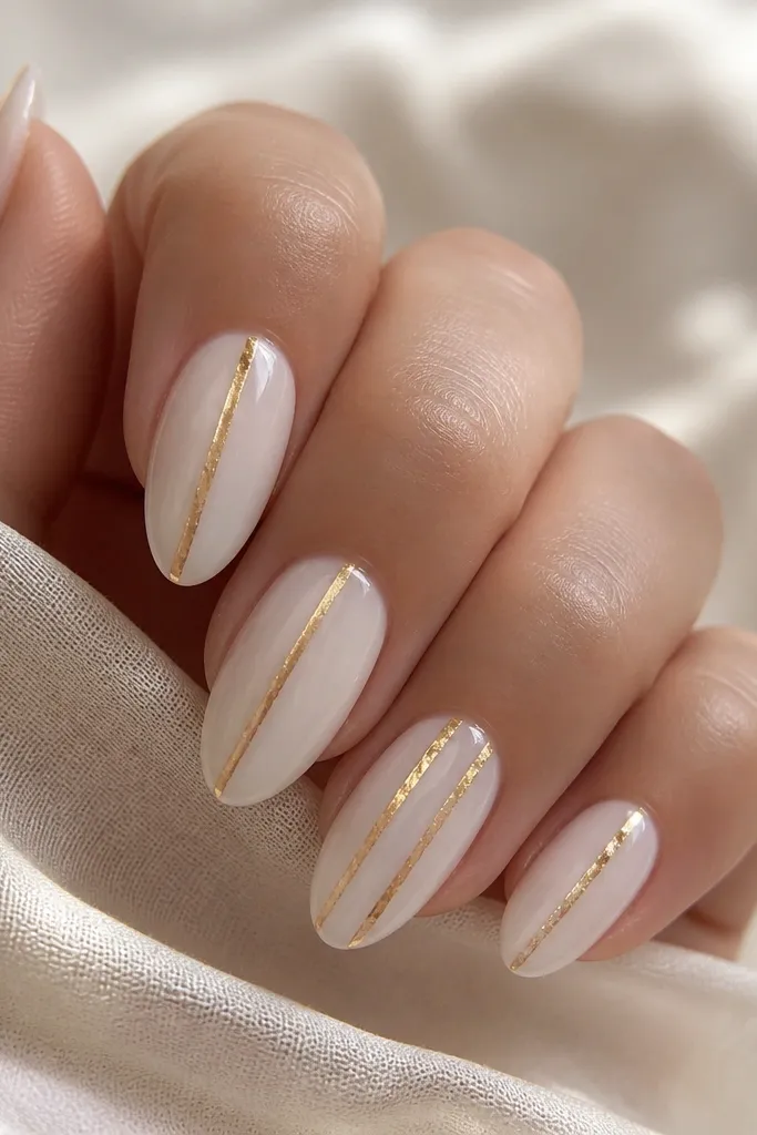 Nails are painted in milky white with a glossy finish. Each nail has one or two vertical gold foil stripes running from near the cuticle to the tip, slightly angled so they catch light. The stripes are narrow and irregular at the edges like real foil.