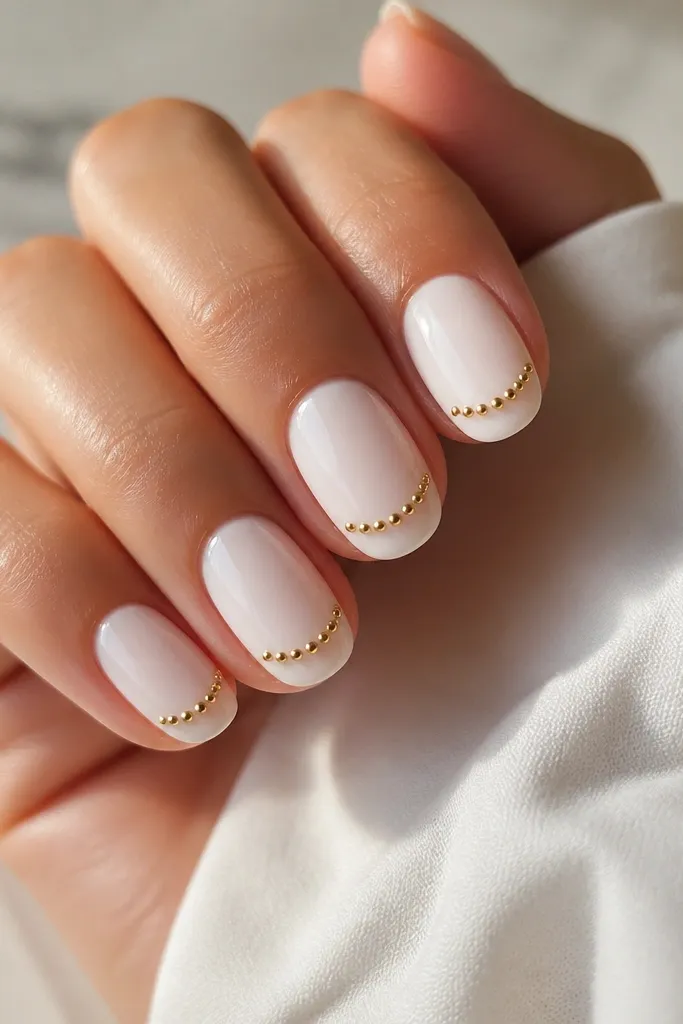 Rounded nails with a pearl-milky white base. Along the smile line near the tip, there are small gold studs placed in a straight, gentle curve across each nail. The studs are glossy and reflective, and the rest of the nail is smooth.