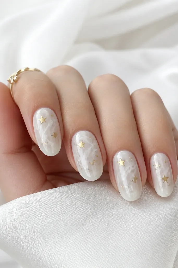 Nails have a milky white base with faint swirling gray-white motion like a soft galaxy. Small gold foil star shapes are scattered near the center and upper half of the nails. The background stays mostly white, and the gold stars are sparse but sparkly.
