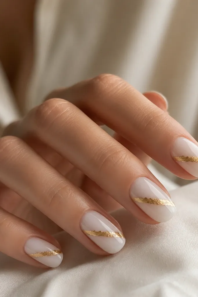 Nails are painted in sheer milky white. A single gold foil ribbon crosses each nail diagonally from near one side of the cuticle to the opposite side near the tip. The foil has an irregular edge and sits flat under a glossy topcoat.