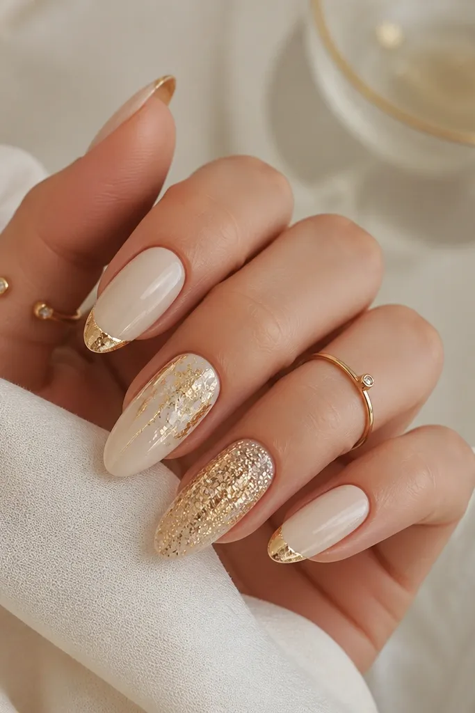 Aesthetic birthday white and gold nails