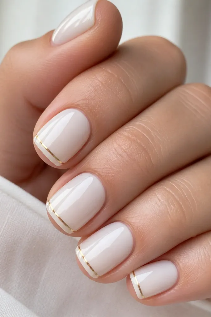 Close-up of short square nails painted milky white. Each nail has a single ultra-thin gold line running horizontally right at the tip edge, with a glossy clear top coat. The gold looks like a striping gel, not foil blobs.