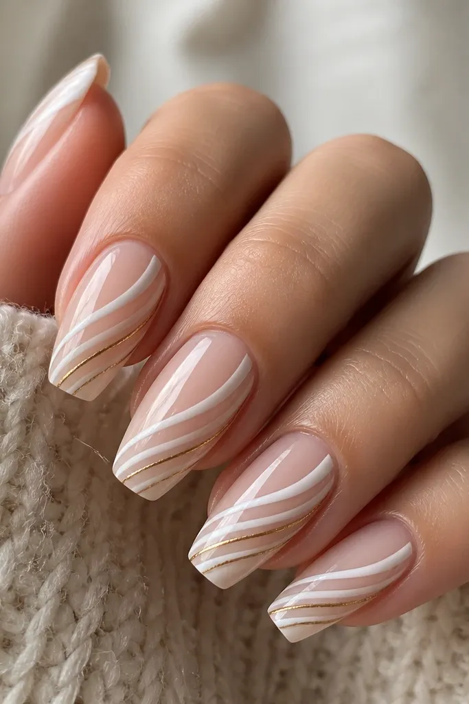 Medium coffin nails with diagonal white candy cane stripes over a sheer base. Each nail has two thin red-free curves (no red) - instead the design uses white stripes and adds micro gold lines running parallel near the center. The nails are glossy, with gold lines looking like thin wire.