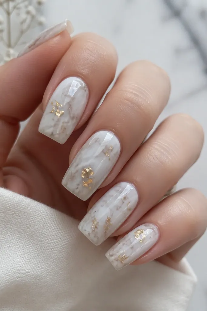 Square nails with a milky white marble background. Grayish-white swirls run through the nails like stone. Random tiny gold leaf flecks are placed near the center and toward the tip on each nail, with a glossy finish.