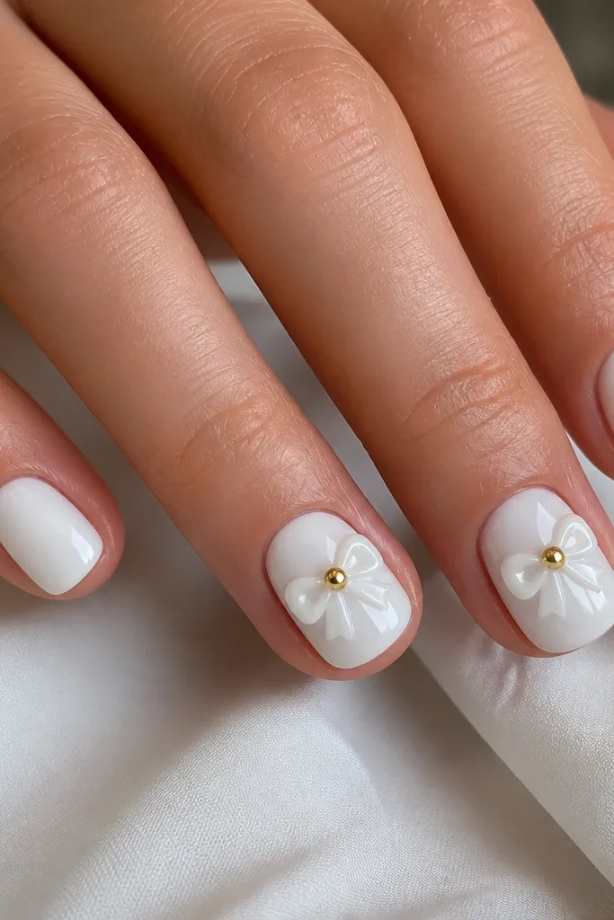Short rounded nails in glossy white. The index and ring fingers have a tiny 3D bow made from white gel, with two loops and a central knot. A single gold dot sits in the center of the bow, and the rest of the nails are plain white with gloss.