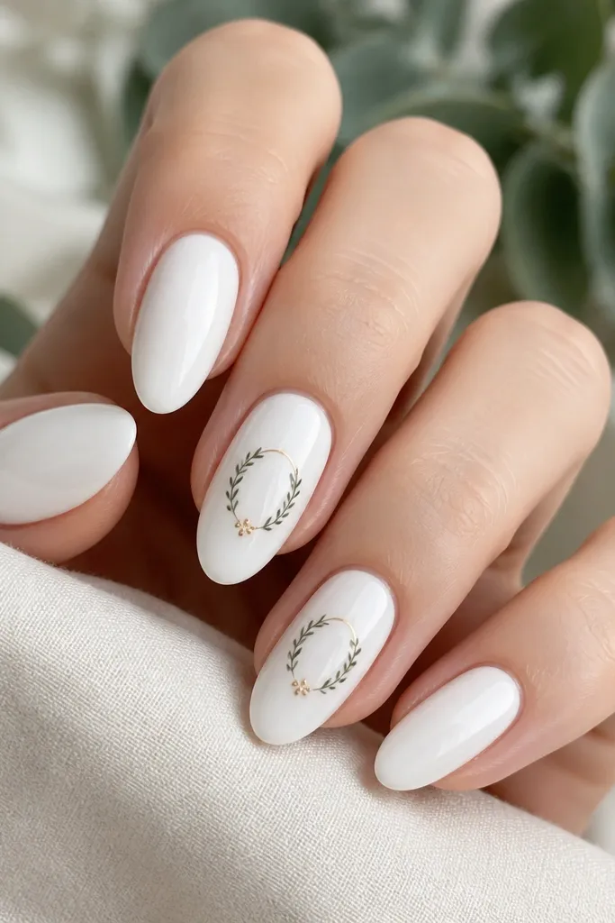 Medium almond nails in glossy white. One or two nails show a tiny wreath drawn in thin lines, with three gold dots as berries and a small gold arc at the top. The wreath sits near the center and doesn't cover the whole nail.