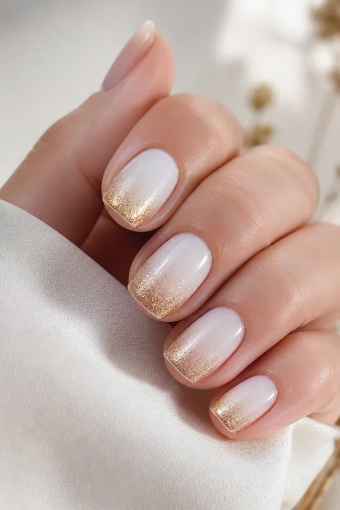 Short square nails with a milky white base. The tips have a smooth gradient of fine gold glitter that fades upward into the white, with no harsh line. The nails are glossy and look like they were airbrushed.