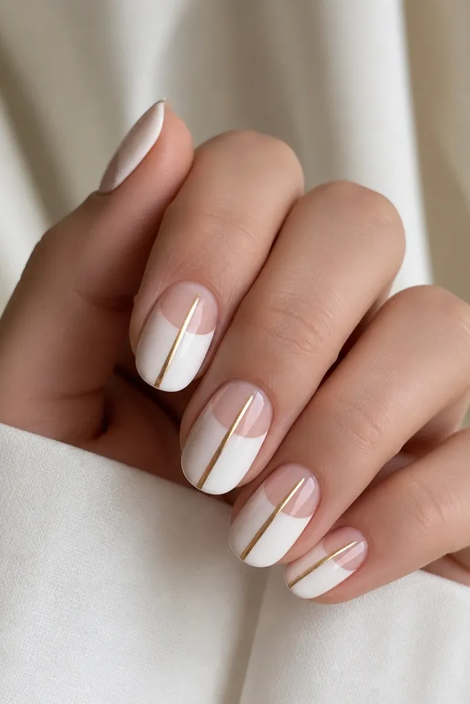 Rounded nails with a reverse French layout. The lower half of each nail is solid glossy white, while the upper half is sheer nude. A thin gold stripe runs down one side of the nail, from near the cuticle to the tip, with a clean edge on both sides.