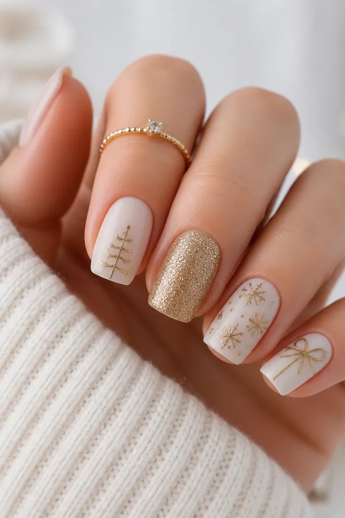 Removable white and gold Christmas nail ideas