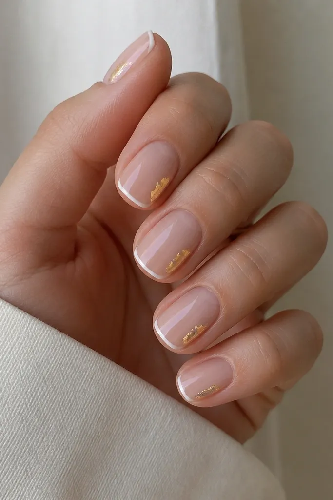 Short squoval nails with a crisp micro French tip in opaque white. At the outer corner of each nail, a small irregular gold foil patch sits like a tiny flare, with glossy clear topcoat.