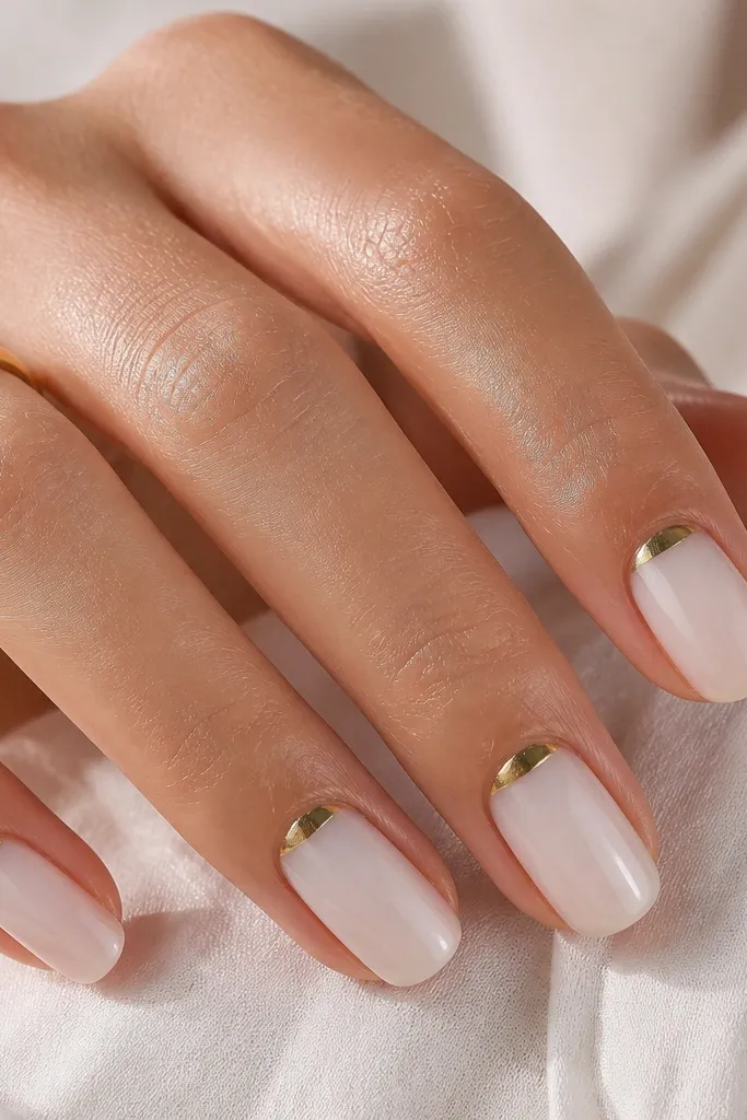 Nails have a sheer nude base with a soft white wash over the top. A clean gold half-moon sits right at the cuticle on each nail, with a glossy topcoat.