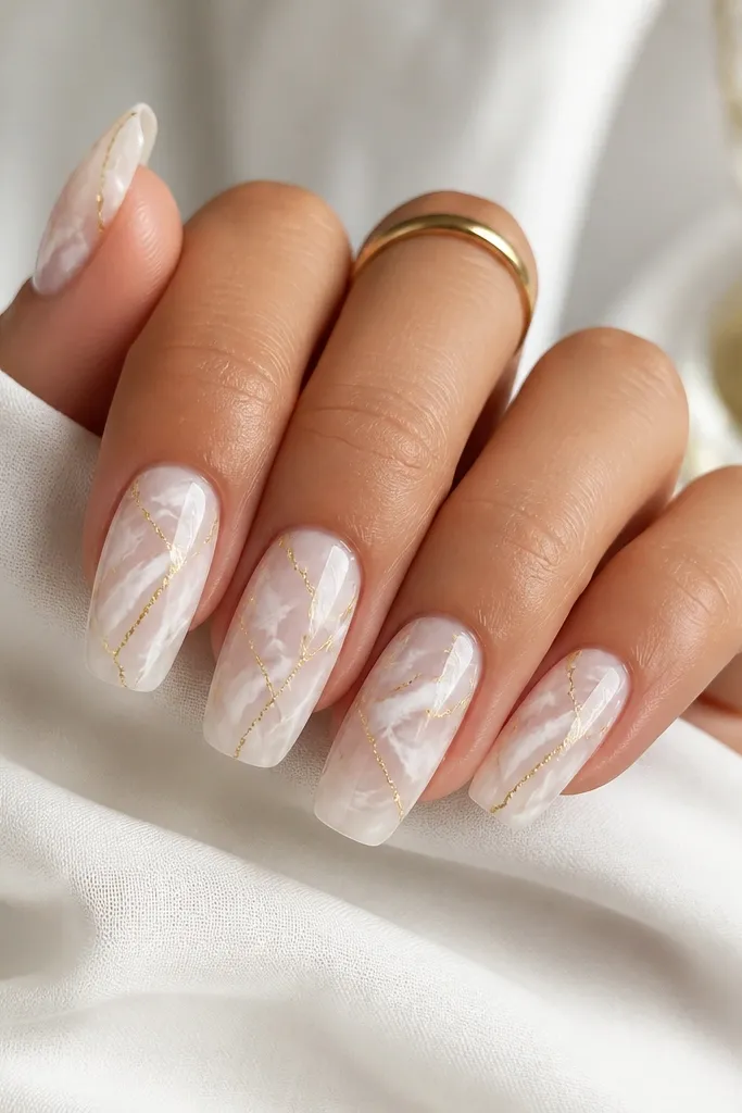 Longer squoval nails with white marble veining over a milky base. Thin gold foil leaf veins run through the white pattern, with glossy topcoat that makes the veins shine.