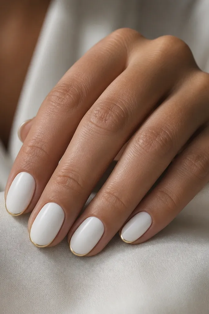 Short oval nails painted matte opaque white. The tips have a thin gold outline tracing the edge of the nail, like a picture frame, with no shine except the gold line.