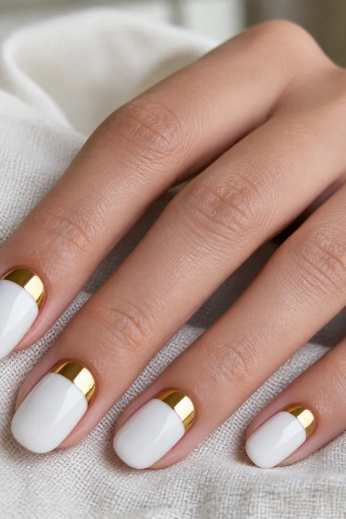 Glossy white gel nails with a gold chrome half-moon at the base of each nail. The chrome is mirror-like with a sharp curve, and the rest of the nail is glossy white.