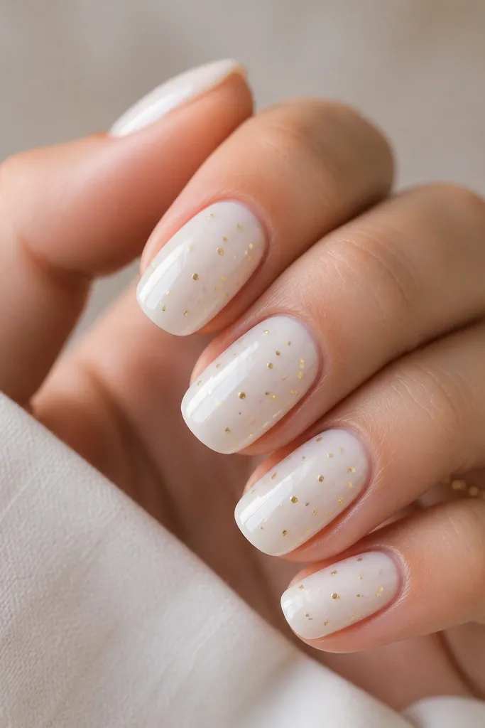 White opaque nails with scattered tiny gold dots. The dots look evenly spaced but random, concentrated near the center and fading toward the tips, with glossy topcoat.