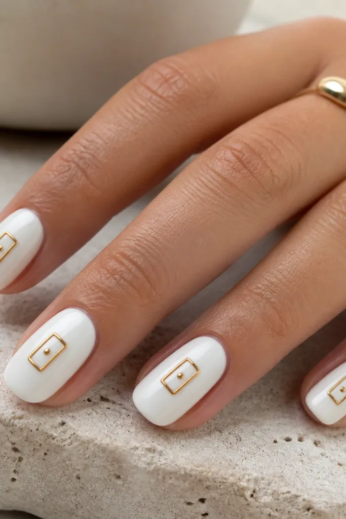 White nails with small gold rectangular frames around the center, like tiny picture bezels. Each frame has a tiny gold dot inside, and the rest of the nail stays clean and glossy.