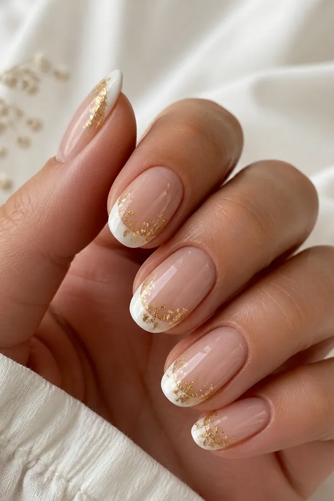 A clean white tip that covers the top third of the nail in a smooth curve. Gold leaf is placed asymmetrically - mostly on one side of the tip - with glossy topcoat over everything.