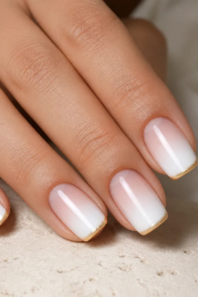 Nails start sheer near the cuticle and fade into bright white toward the tip. Along the very edge of the tip, there's a thin gold fade line that looks like it melts into the white, glossy finish.