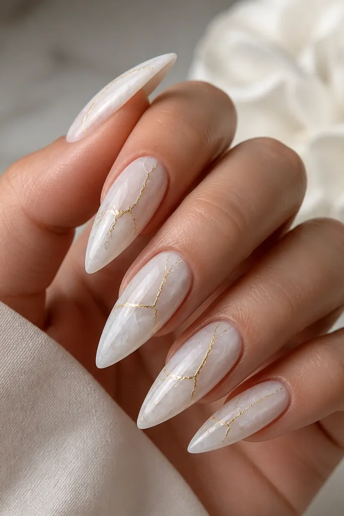 White stiletto nails with glossy marble veining in soft grayish-white. Thin gold "veins" run through the marble like cracks, concentrated near the center and tapering toward the tip. The overall look is clean, with gold lines that are fine and shiny, not chunky.