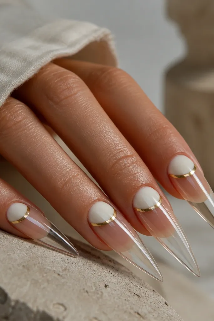 Stiletto nails with a glossy clear base and a white crescent panel near the cuticle. The crescent is bordered by a thin metallic gold outline that follows the curve. The rest of the nail shows clear negative space up to the midline, ending in a sharp stiletto point.
