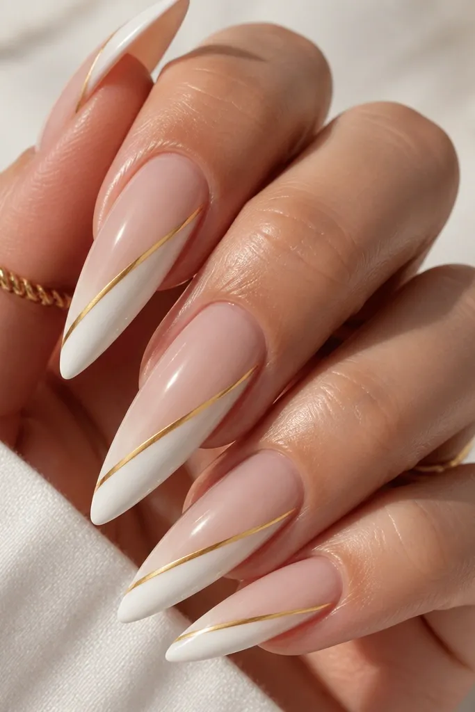 Stiletto nails with a glossy clear or sheer base. A sharp diagonal white panel runs from the lower side near the cuticle up toward the tip. A single thin metallic gold stripe parallels the diagonal edge, creating a clean two-tone look.