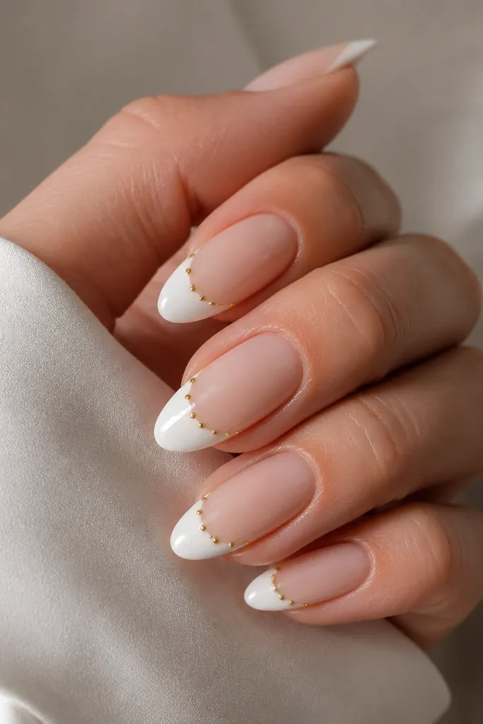 Glossy white stiletto nails with a classic French tip style. The tips are white and glossy, while the rest of the nail is sheer nude. Along the border between nude and white, there are tiny gold micro studs spaced evenly, with a few on each nail.