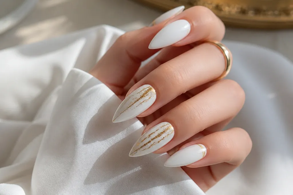 Modern stiletto white and gold nails