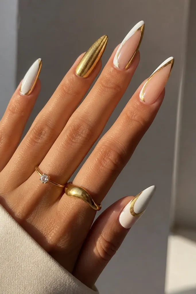 Modern stiletto white and gold nails