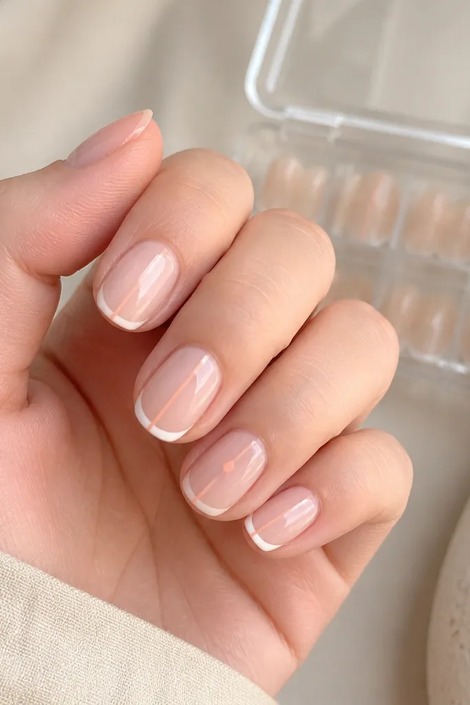 Short oval nails on a light skin hand. The nails have a sheer nude base. Each nail shows a thin white French tip, and a tiny peach line runs down the middle of the nail from cuticle to tip. One accent nail has a micro peach dot near the center. A clear snap-shut nail tip case sits in the background.