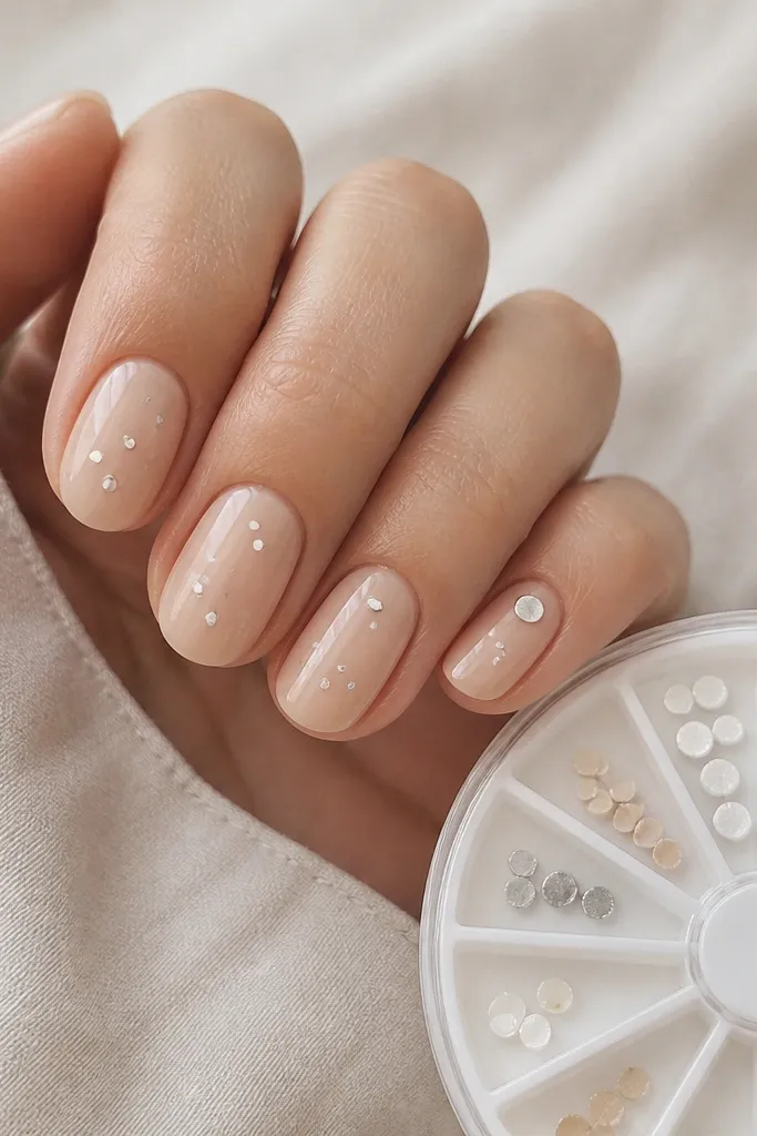 Short oval nails with a creamy nude gel base. Each nail has 3-5 tiny white and silver dots scattered like a constellation, with one nail featuring a slightly larger dot near the cuticle. In the frame is a small rotating organizer wheel with gel colors labeled by color dots.
