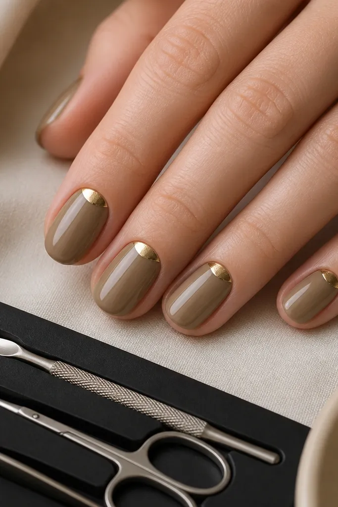 Short oval nails painted a sheer olive nude. The half-moon near the cuticle is metallic gold, shaped like a smooth arc. A magnetic strip with nail tools (metal pusher, cuticle scissors, tweezers) is visible near the nails.