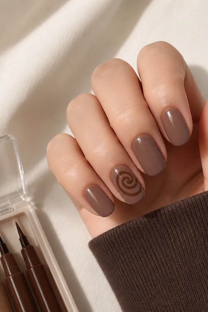 Short oval nails with a warm chocolate nude base. The ring finger has a small swirl in darker espresso brown near the center of the nail. Other nails are plain nude with a glossy shine. A small snap box holds nail art striper pens in brown shades.