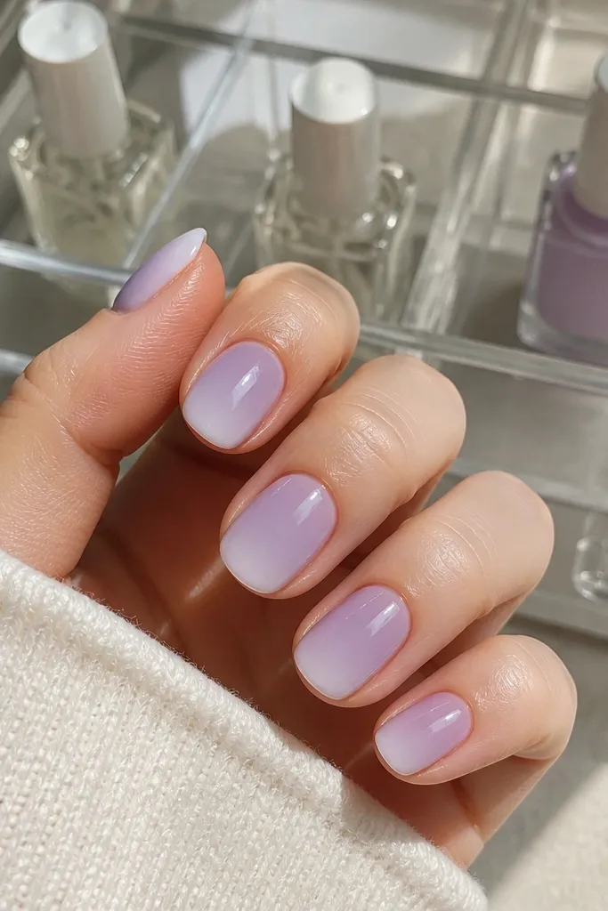 Short oval nails with a soft lavender gradient that fades from the cuticle to a pale lilac tip. The nails look airy and powdery, with a glassy top coat. Behind the hand is a clear drawer organizer with compartments for base coat, top coat, and lavender gel.