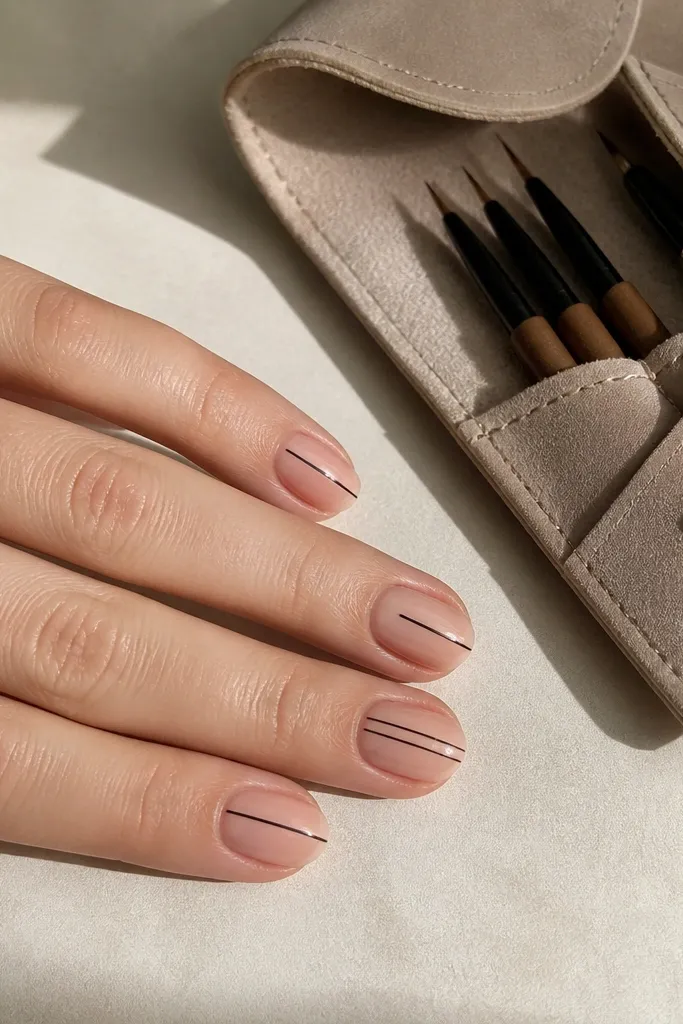 Short oval nails with a sheer nude base and a single ultra-thin black stripe running vertically down each nail. The ring finger has two micro stripes instead of one. The nails are very glossy. A foldable organizer pouch sits beside with tiny brush pens inside.