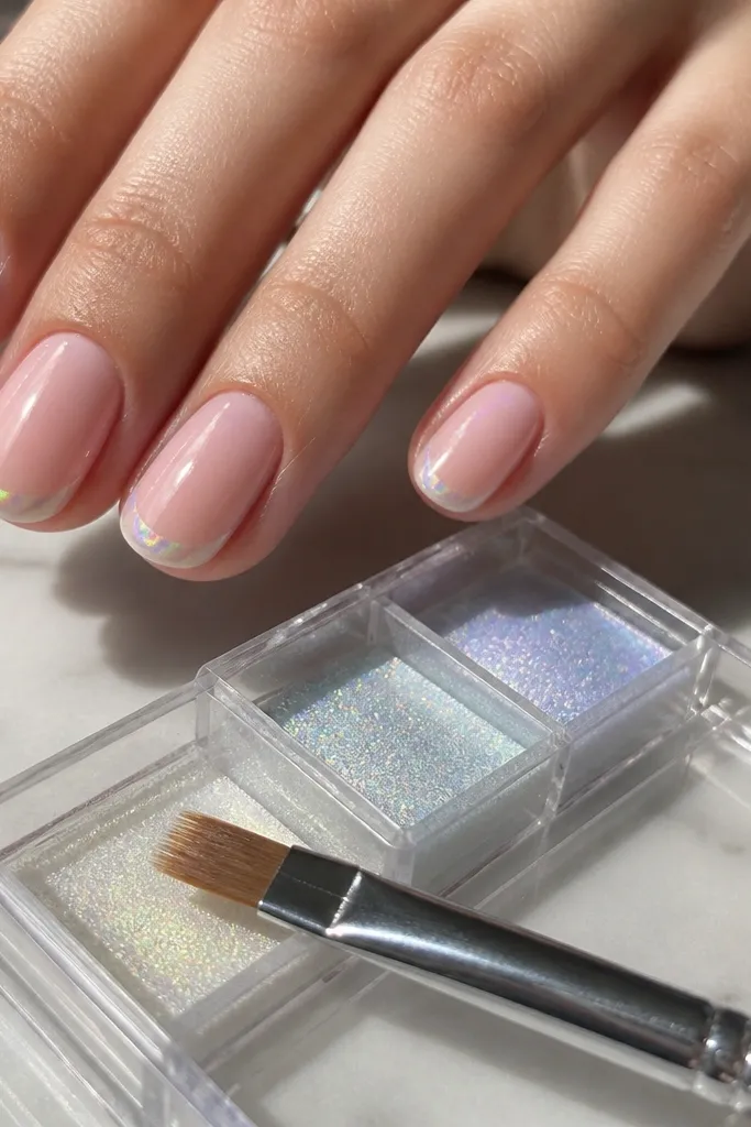 Short oval nails with a milky pink base. Along the very edge near the tip, there's a thin holographic flick line that catches rainbow light. The nails are glossy. A small compartment box holds holographic chrome powder and a flat brush.
